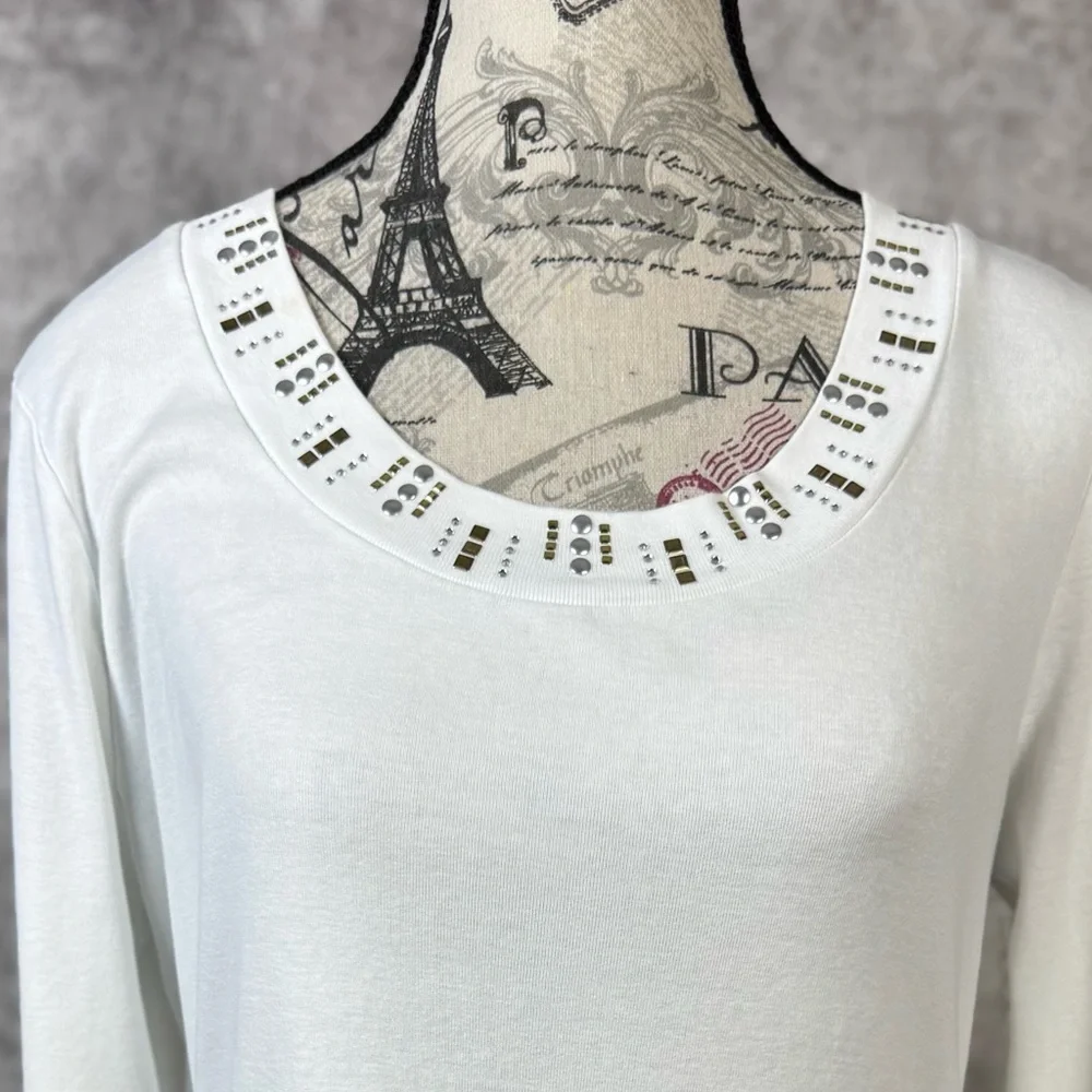 Style & Co. White Cotton Blouse with Silver/Gold Neckline 3/4 Sleeves Size M - Picture 7 of 11